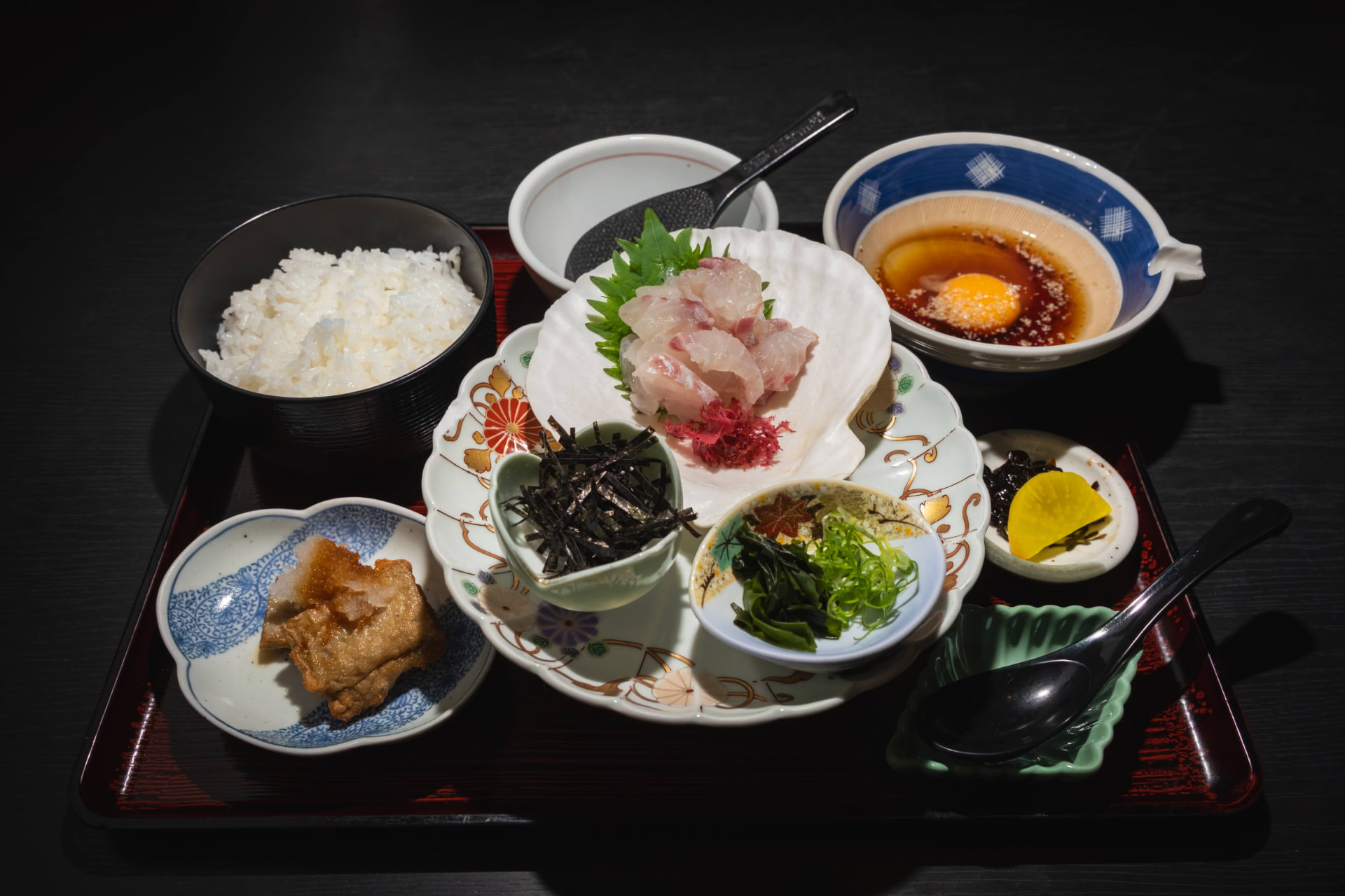 Tai-meshi set meal with sashimi, rice and small side dishes