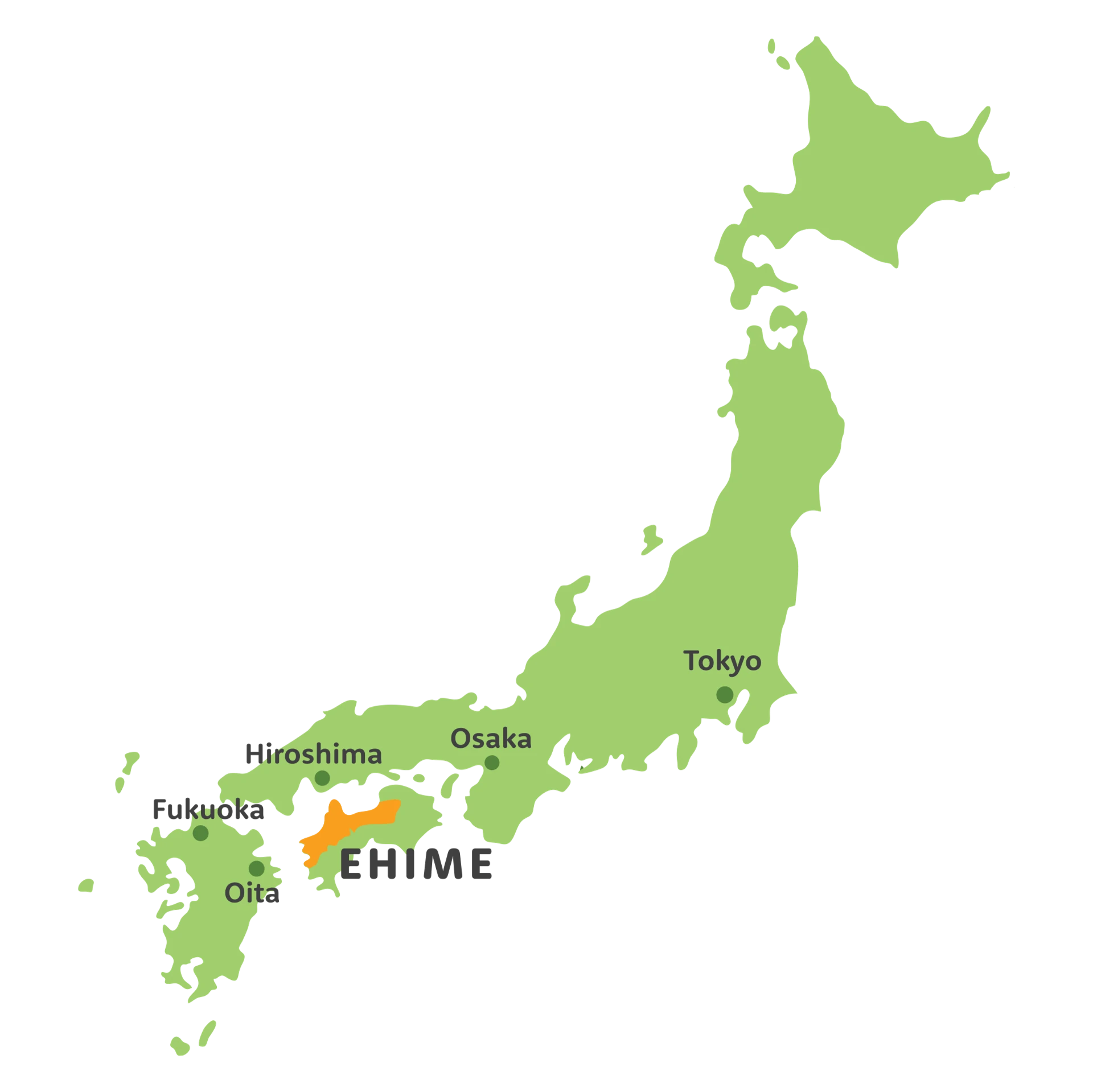 Map of Japan highlighting Ehime Prefecture on Shikoku, with Hiroshima, Osaka, Fukuoka, Oita and Tokyo marked
